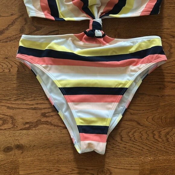 Abercrombie Yellow Coral White Black Stripe Cutout One Piece Knot XS Swimsuit - Picture 2 of 7
